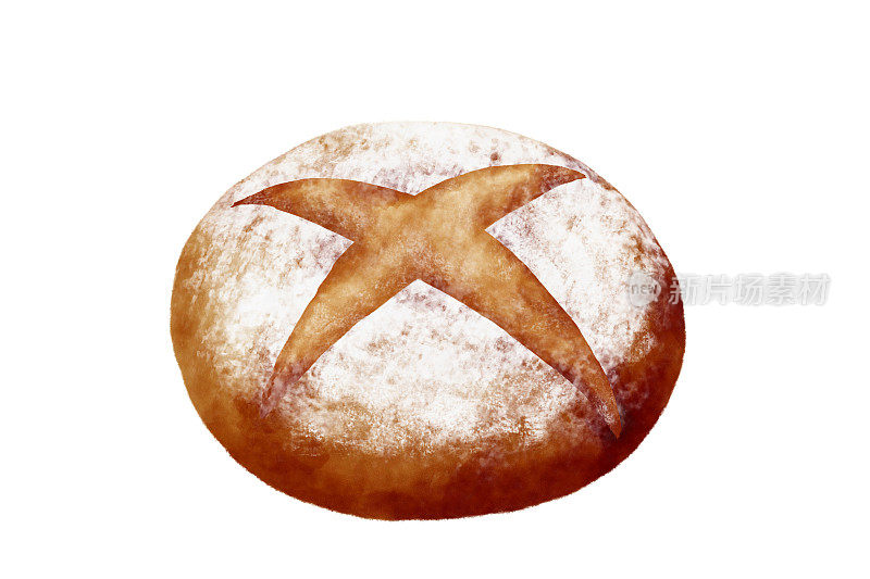 乡村面包(Pain de campagne)由水彩画触摸插图。